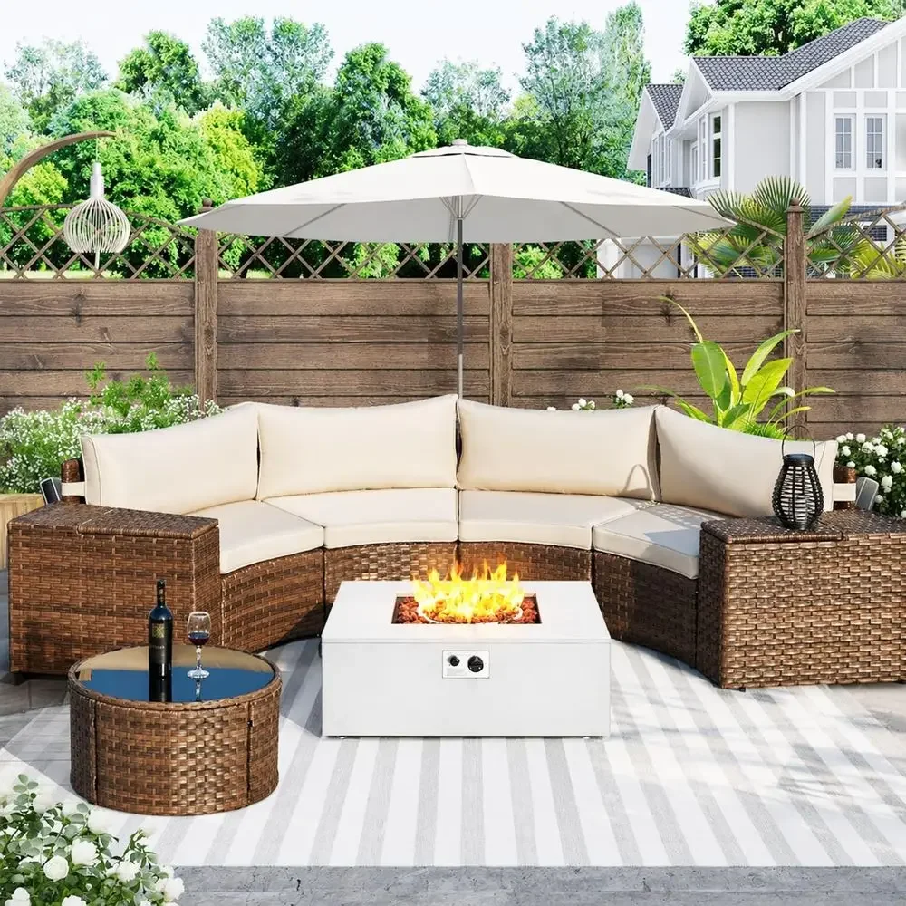 Outdoor Furniture Set With Fire Pit - Half-Moon Curved 8-Piece Patio Furniture Set