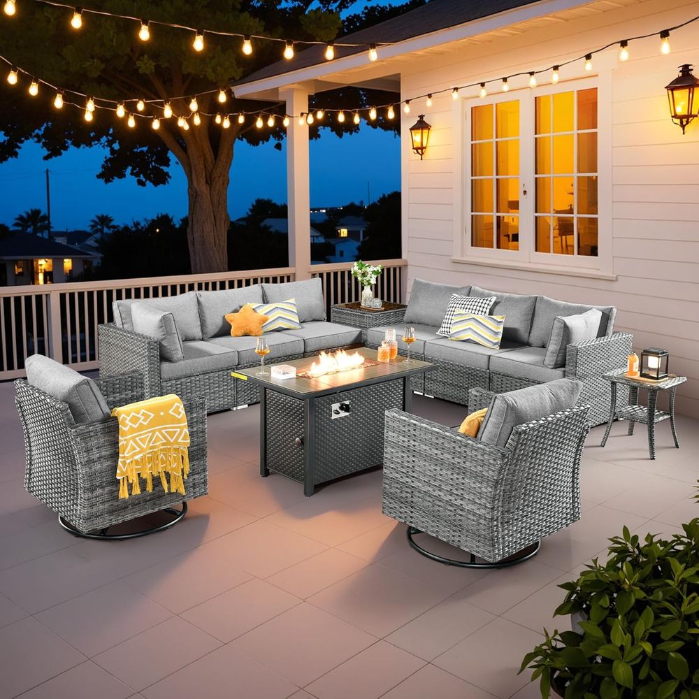 Outdoor Furniture Set With Fire Pit - 11-Piece Outdoor Patio Furniture Set with