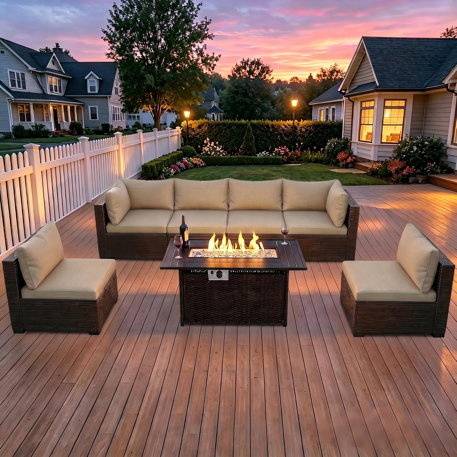 Outdoor Furniture Set With Fire Pit - 8-Piece Wicker Patio Conversation Set with