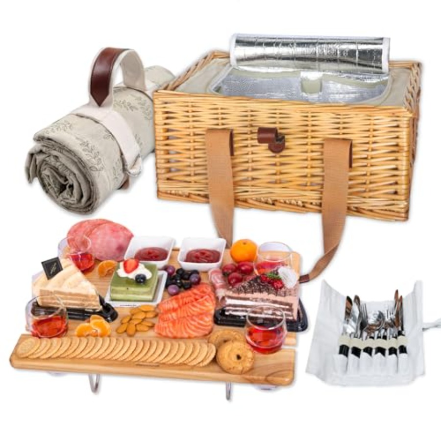 Folding Picnic Table - Wicker Picnic Basket for 4 with