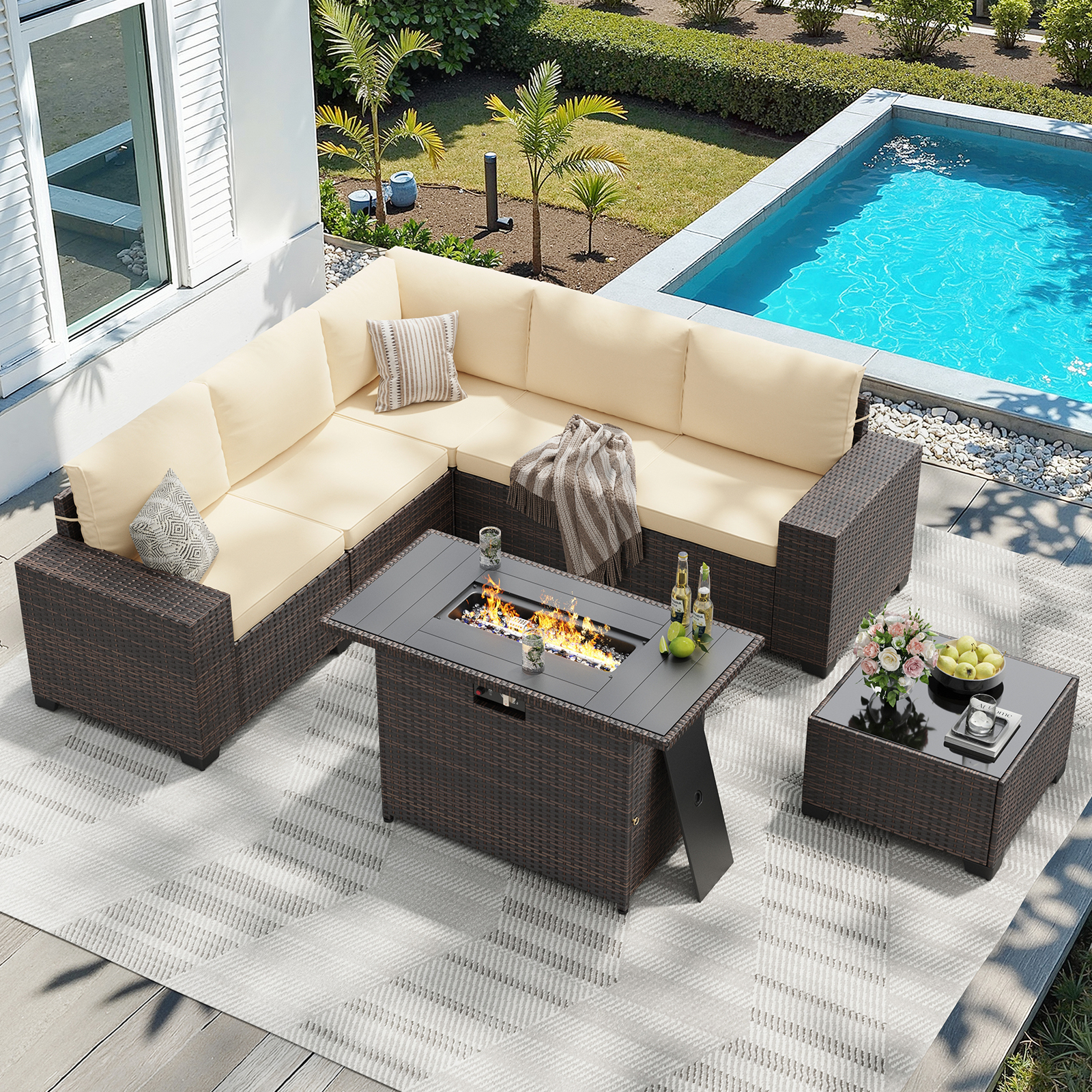 Outdoor Furniture Set With Fire Pit - 7 Piece Patio Furniture Set with