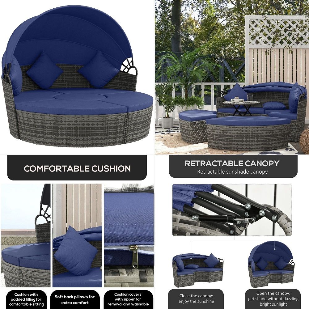 4 Piece Round Rattan Daybed, C - Outdoor Furniture Sofa 리뷰 및 가격