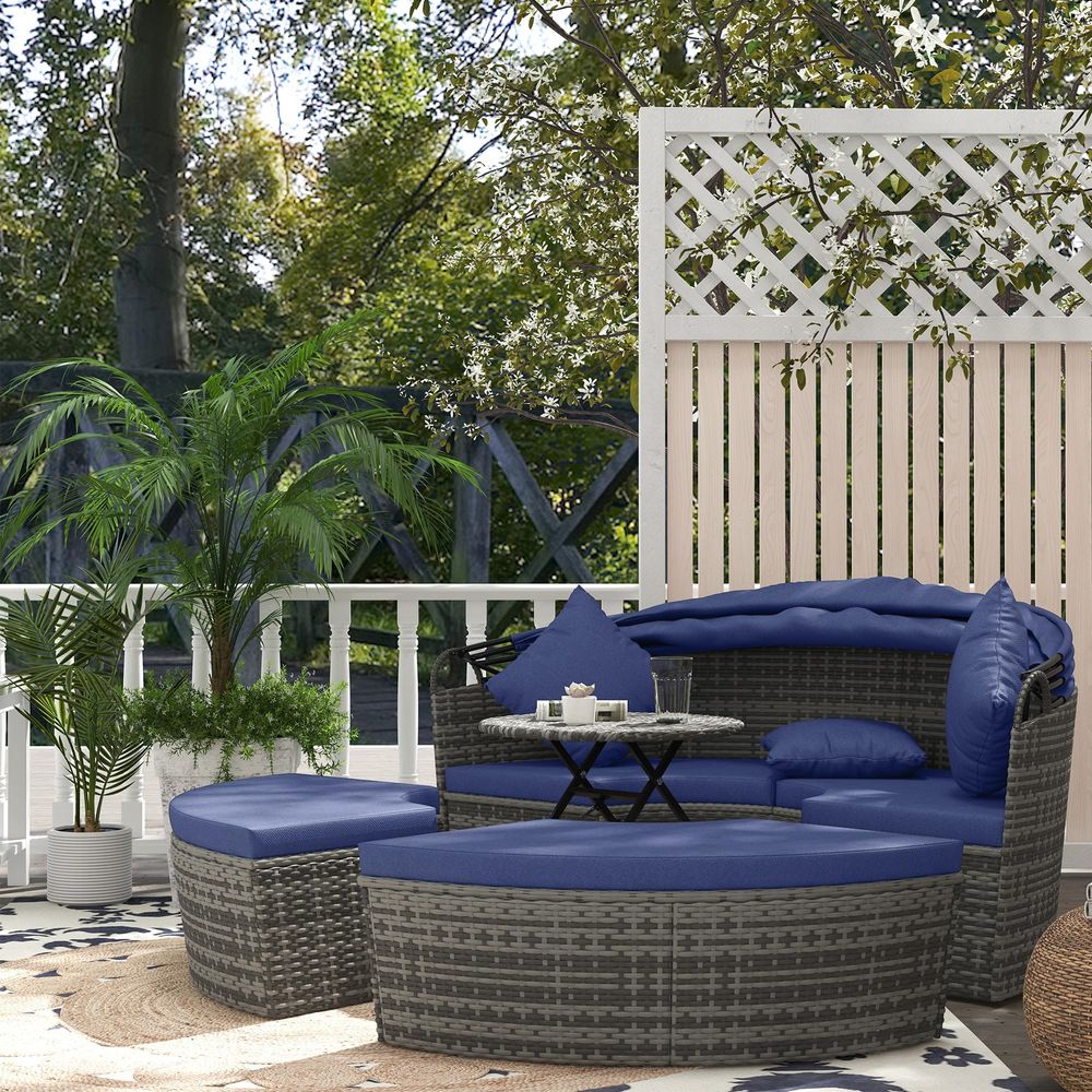 4 Piece Round Rattan Daybed, C - Outdoor Furniture Sofa 리뷰 및 가격