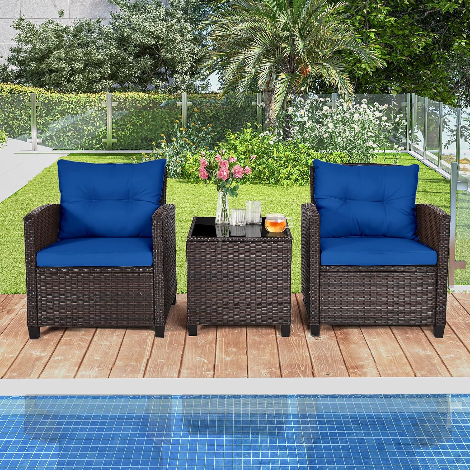 Navy blue rattan wicker 3-piec - Outdoor Furniture Sofa 리뷰 및 가격